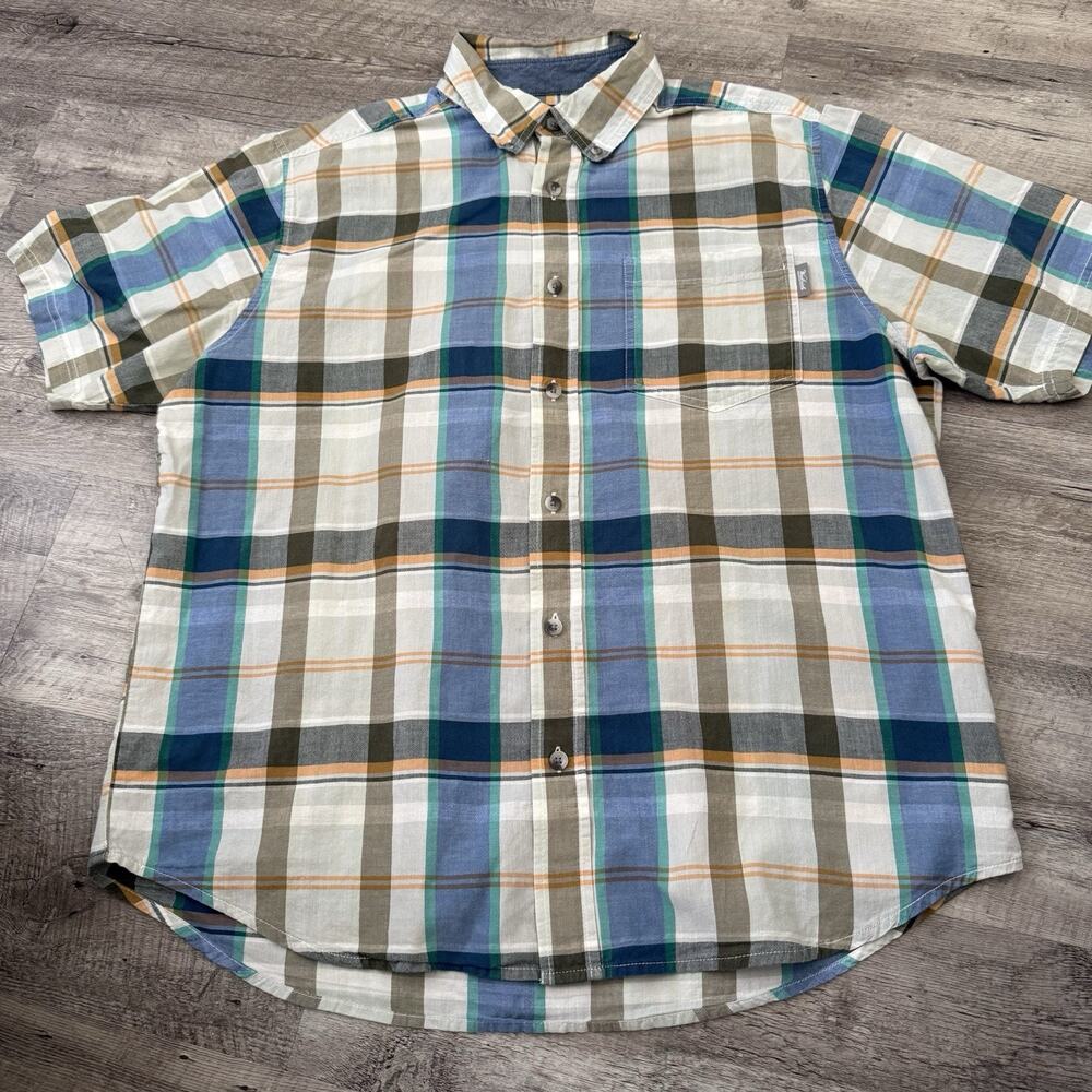 Woolrich Madras Shirt Mens Sz Large Multi Plaid Short Sleeve Button Front Light